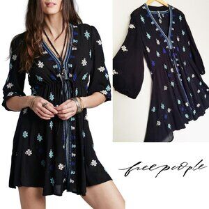 FREE PEOPLE Star Gazer Embroidered Boho Mini Dress Coverup Black XS Tunic $128